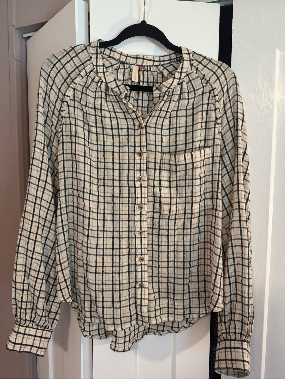 Pilcro Cream Plaid Crinkle Button-Front Blouse Size Large